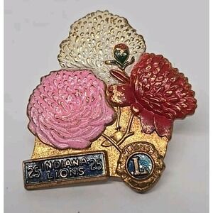 Lions Club Lapel Pin 25 Indiana Lions 25 Peony Flowers Gold Tone Enamel Badge